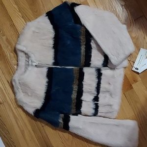 Nwt Bagatelle really rabbit fur brush pink blue black strip cropped jacket